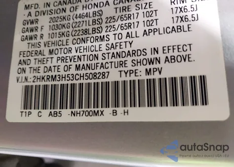 2012 Honda Cr-V Ex z USA, uszkodzony, nr VIN 2HKRM3H53CH508287